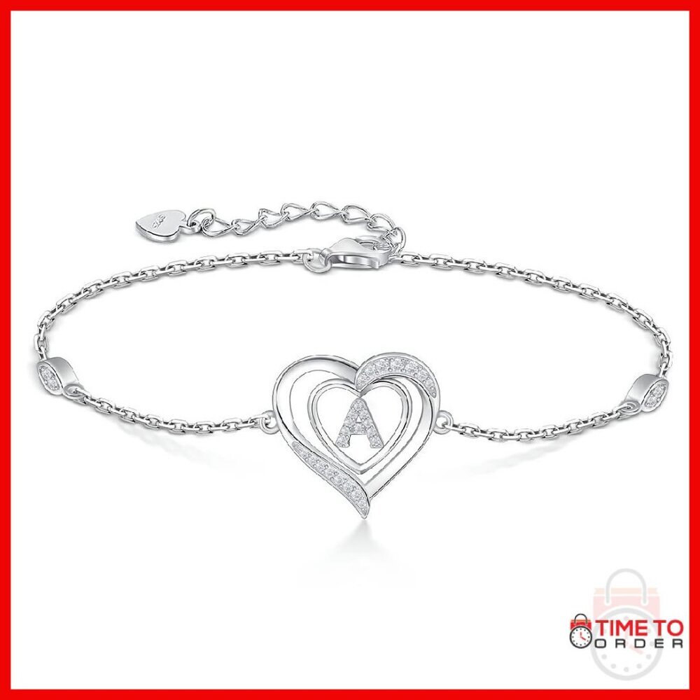 Sterling Silver Heart Initial Bracelet Personalized Charm Jewelry Gift